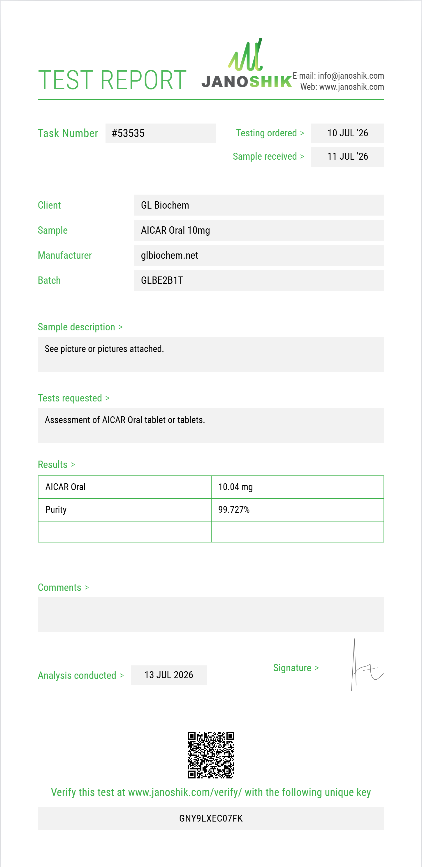 AICAR Oral 10mg*100tabs Purity (HPLC) report by Janoshik Analytical