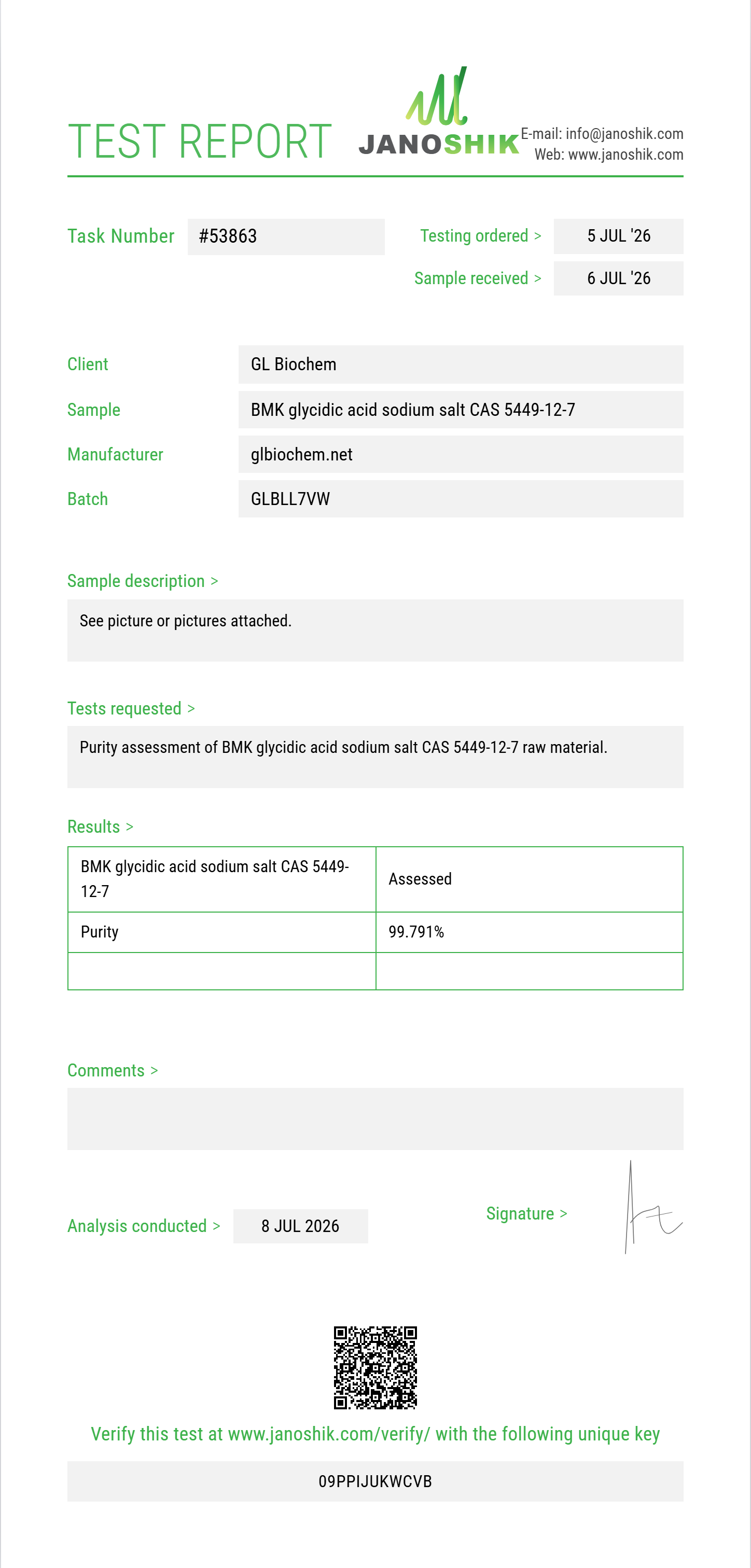 BMK glycidic acid (P-2-P methyl glycidic acid / sodium salt) CAS 5449-12-7 Purity (HPLC) report by Janoshik Analytical