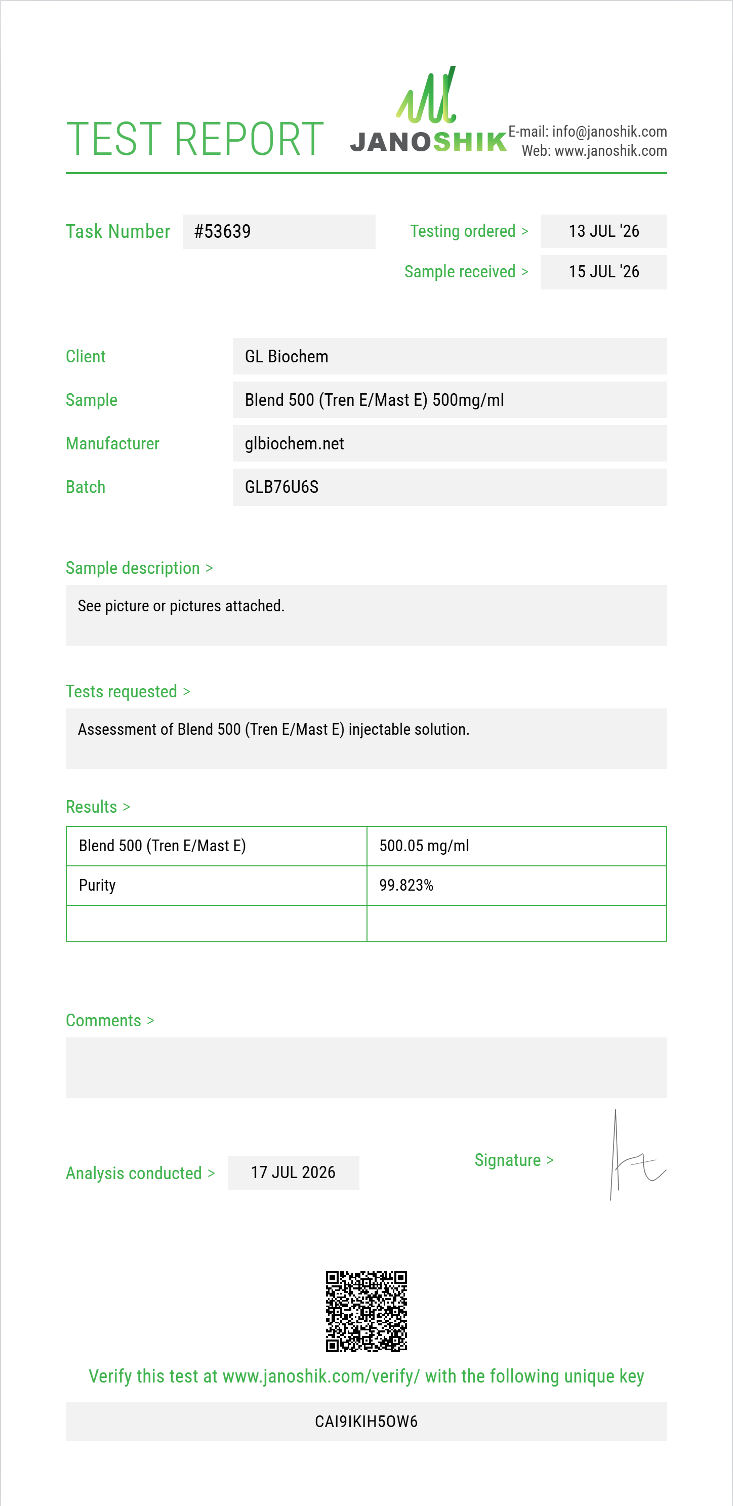 Blend 500 (Tren E/Mast E) 500mg/ml*10ml Purity (HPLC) report by Janoshik Analytical