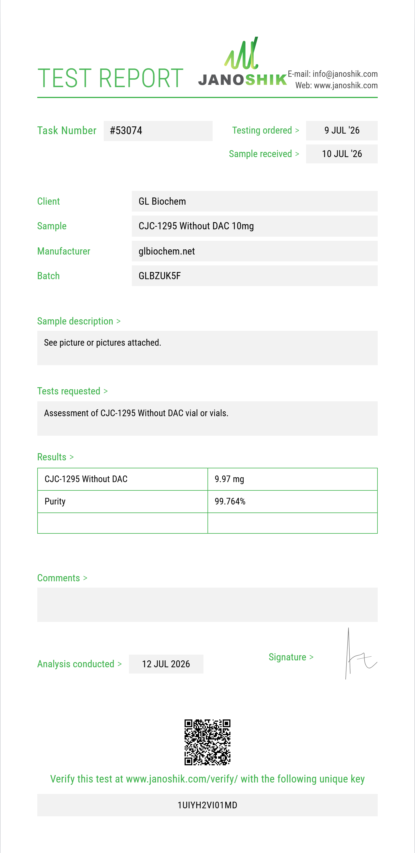 CJC-1295 Without DAC 10mg x 10 vials Purity (HPLC) report by Janoshik Analytical