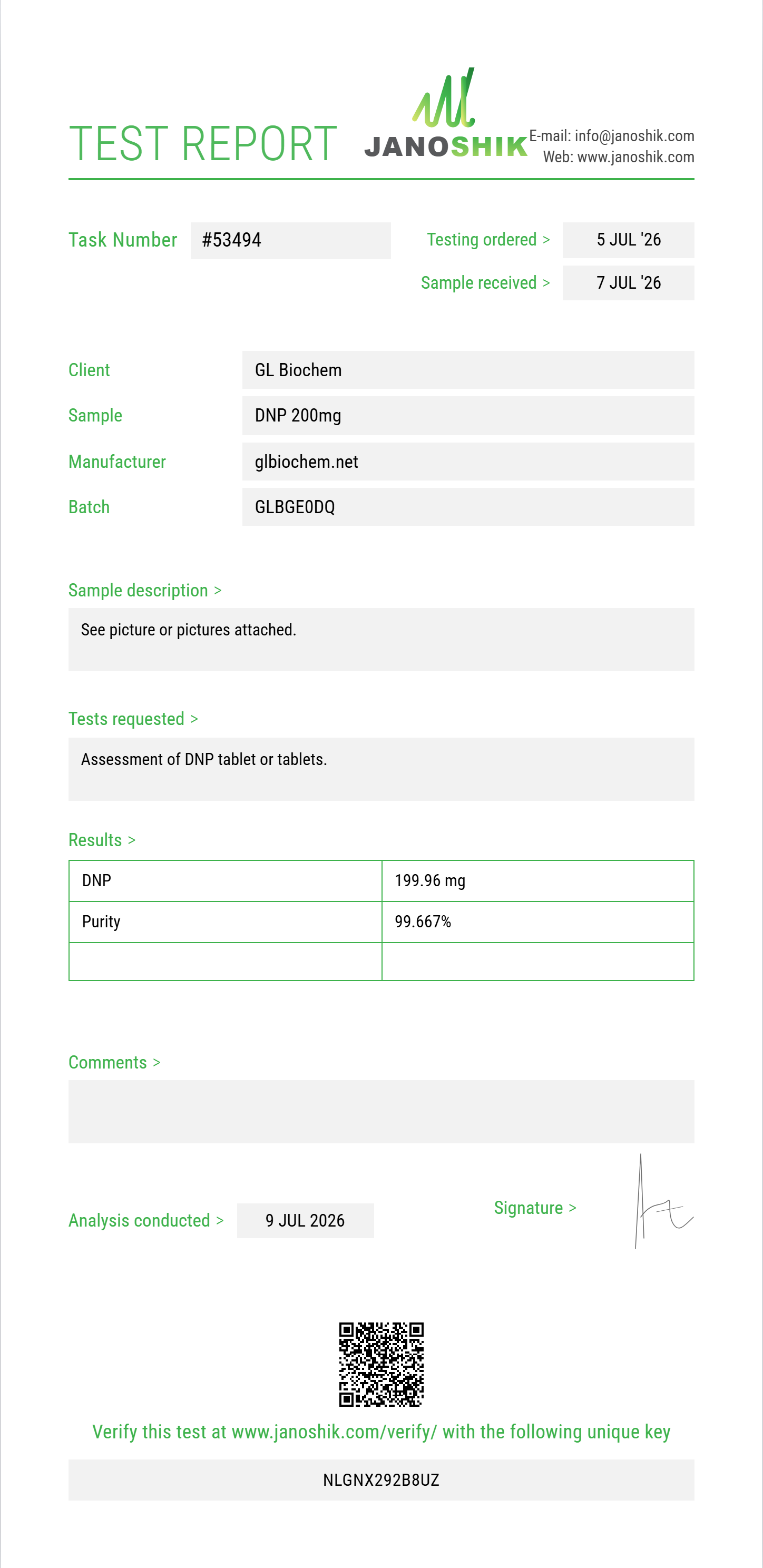 DNP 200mg*50tabs Purity (HPLC) report by Janoshik Analytical