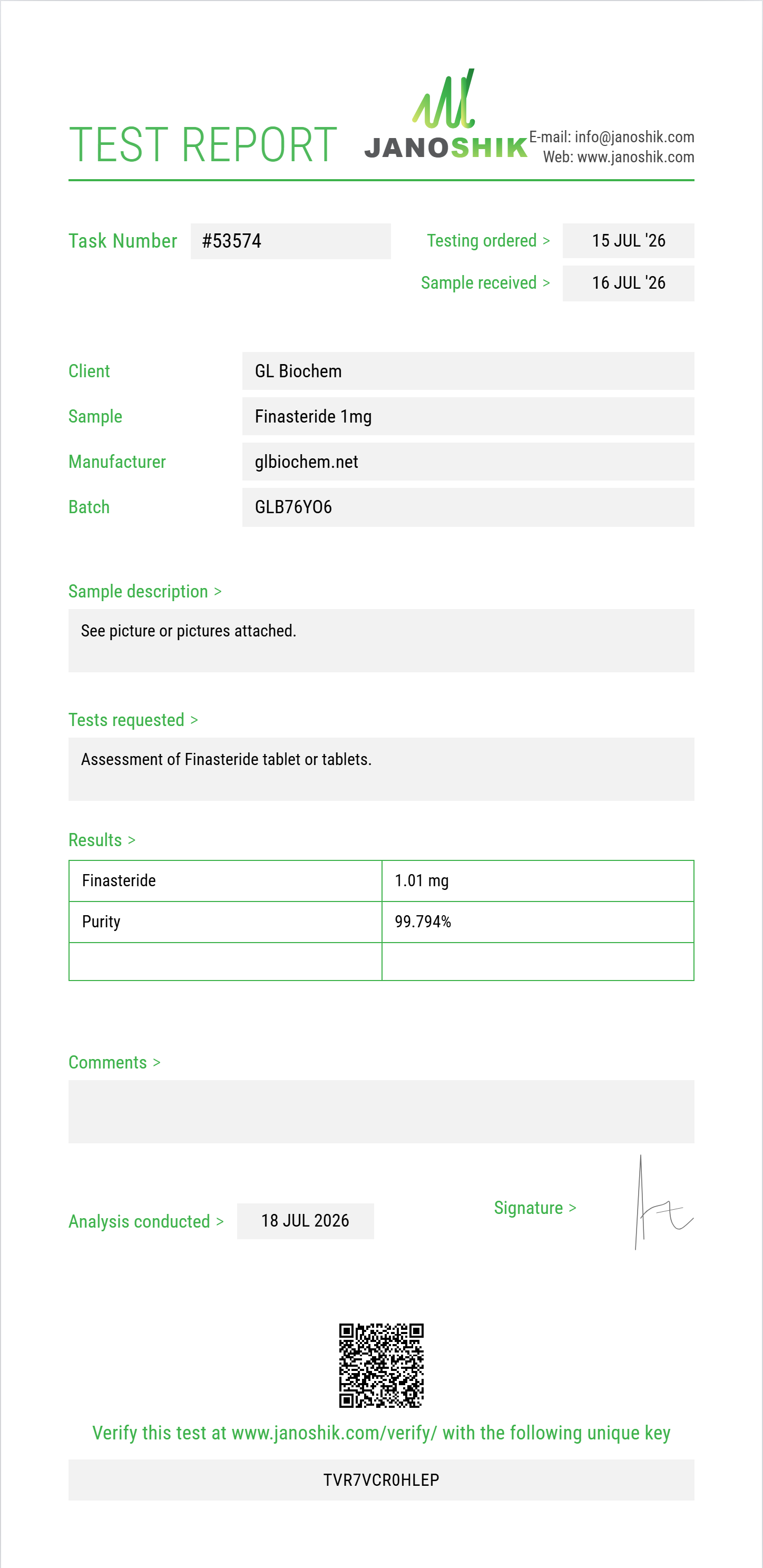 Finasteride 1mg*100tabs Purity (HPLC) report by Janoshik Analytical