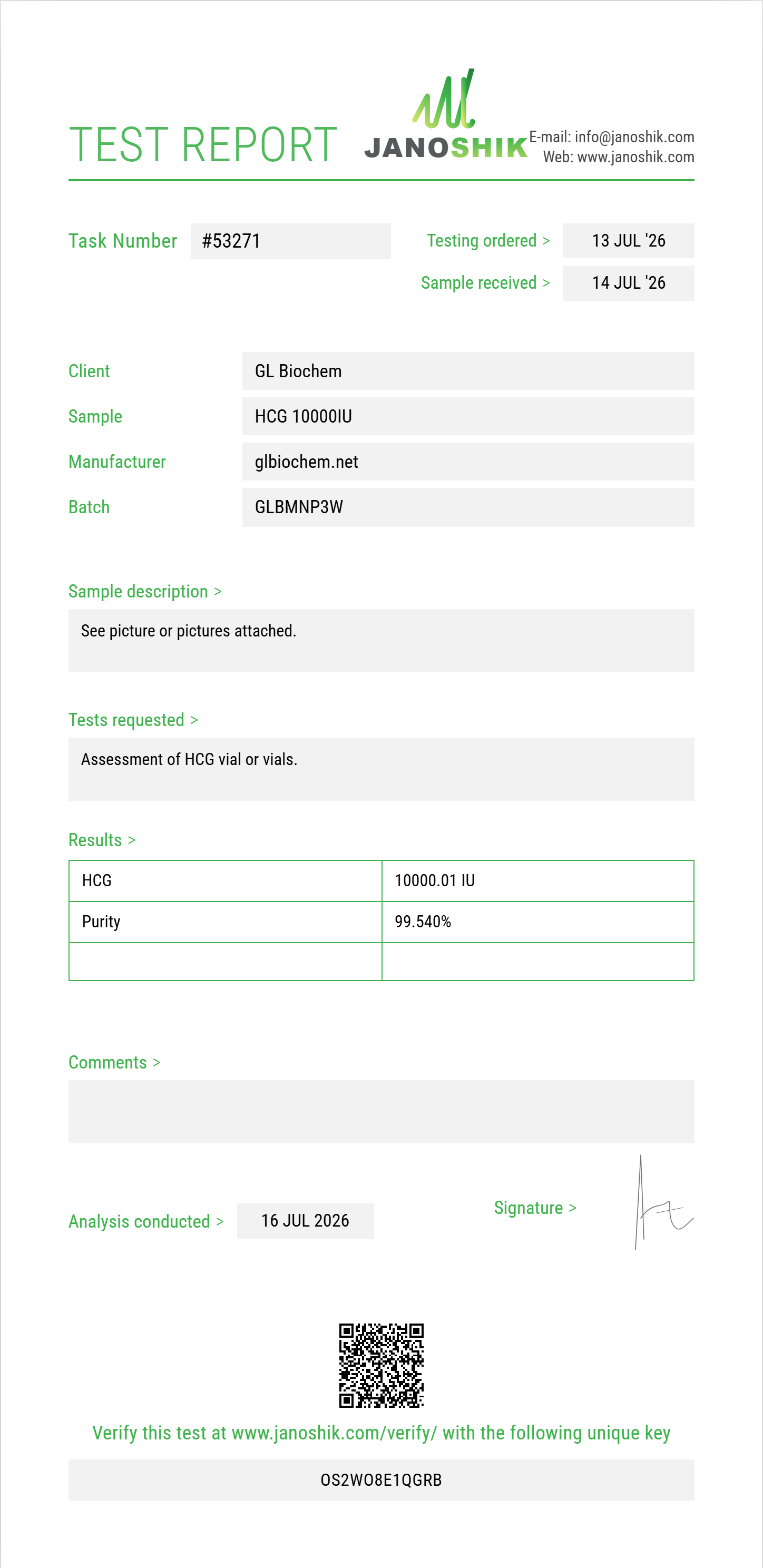 HCG 10000IU x 10 vials Purity (HPLC) report by Janoshik Analytical