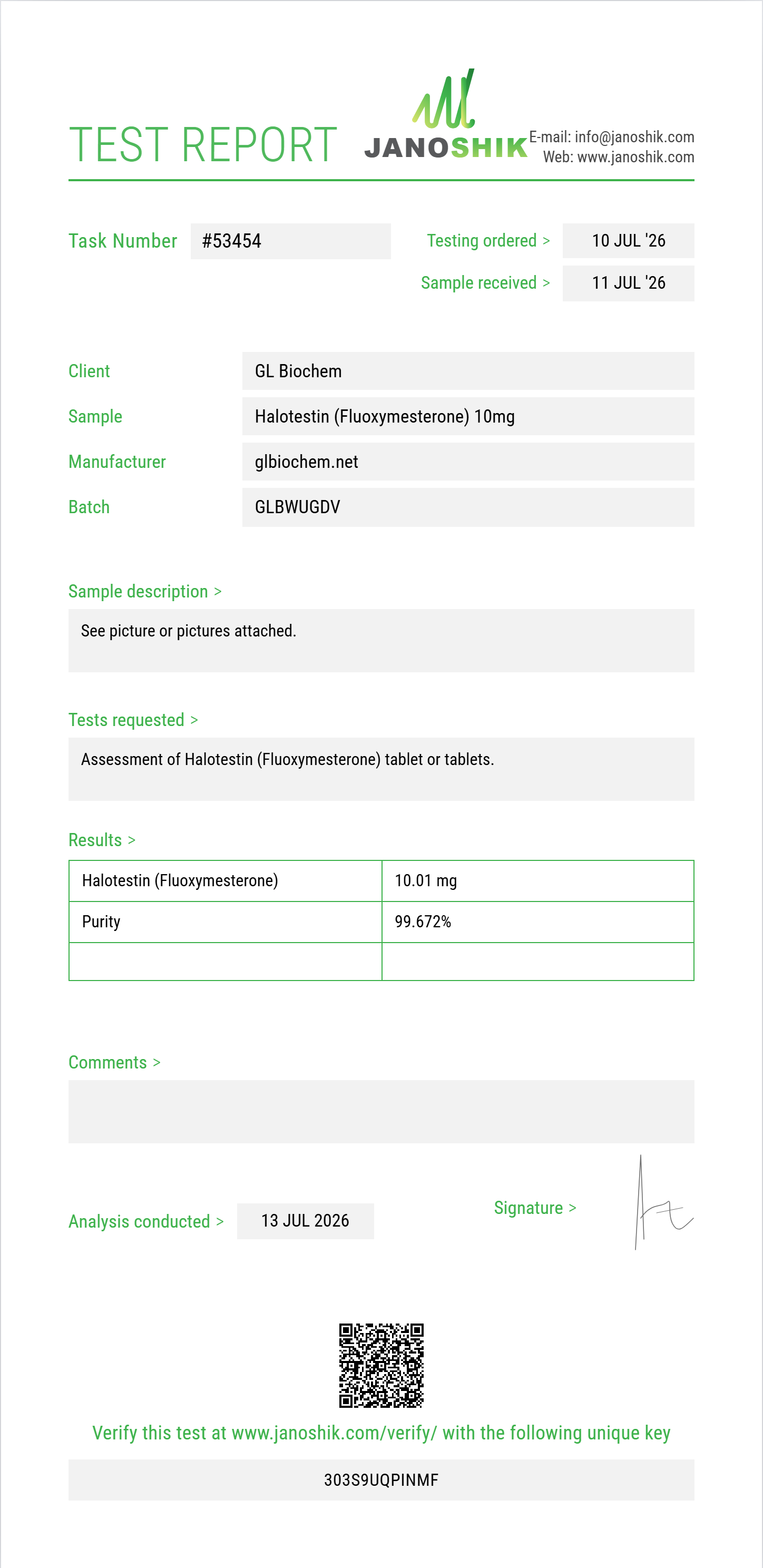 Halotestin (Fluoxymesterone) 10mg*100tabs Purity (HPLC) report by Janoshik Analytical