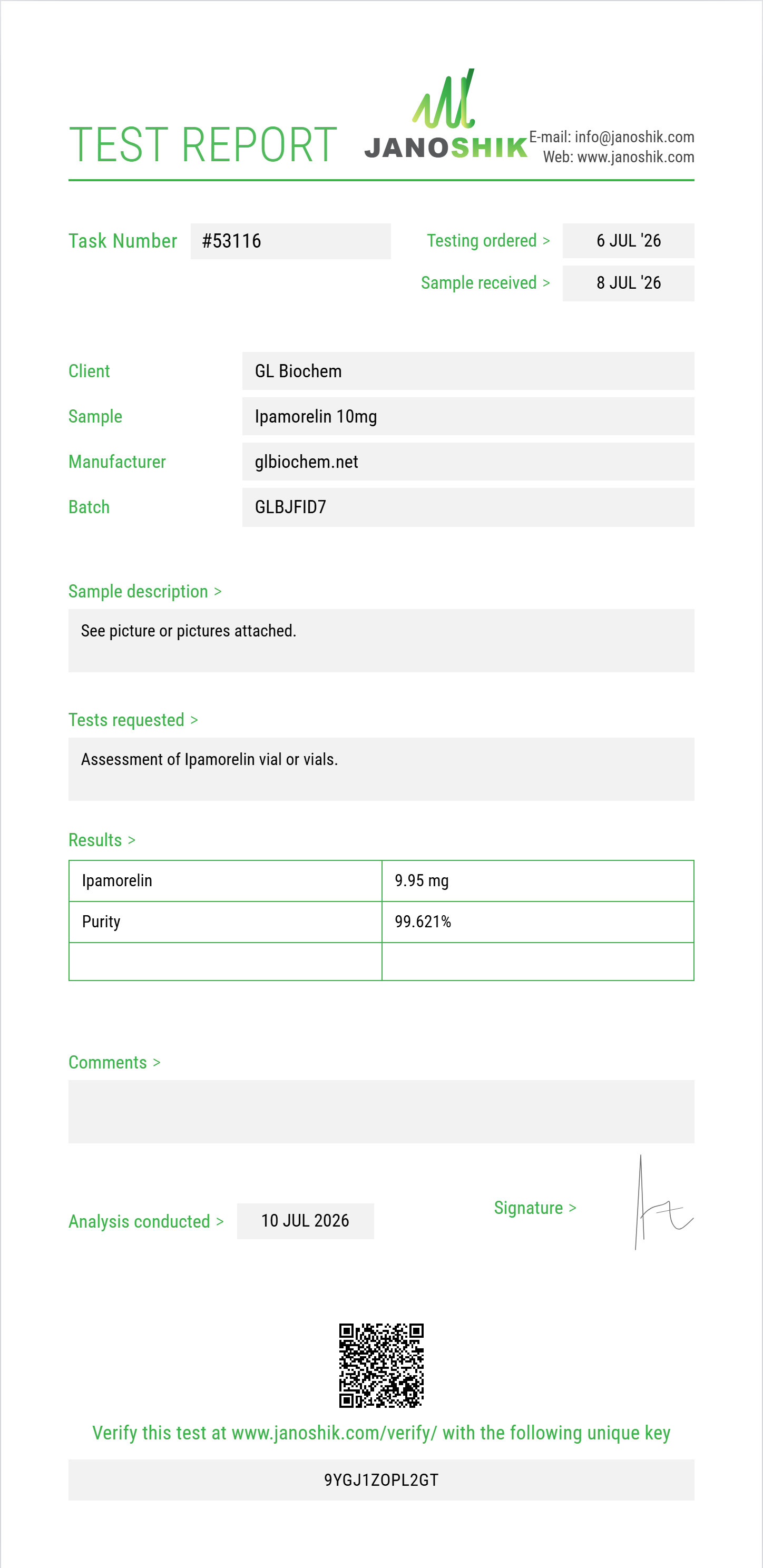 Ipamorelin 10mg x 10 vials Purity (HPLC) report by Janoshik Analytical