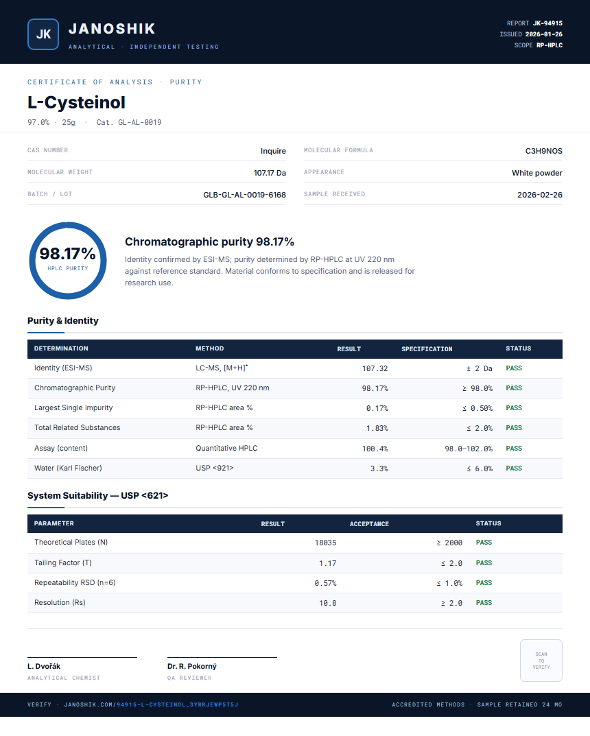 L-Cysteinol Purity (HPLC) report by Janoshik Analytical