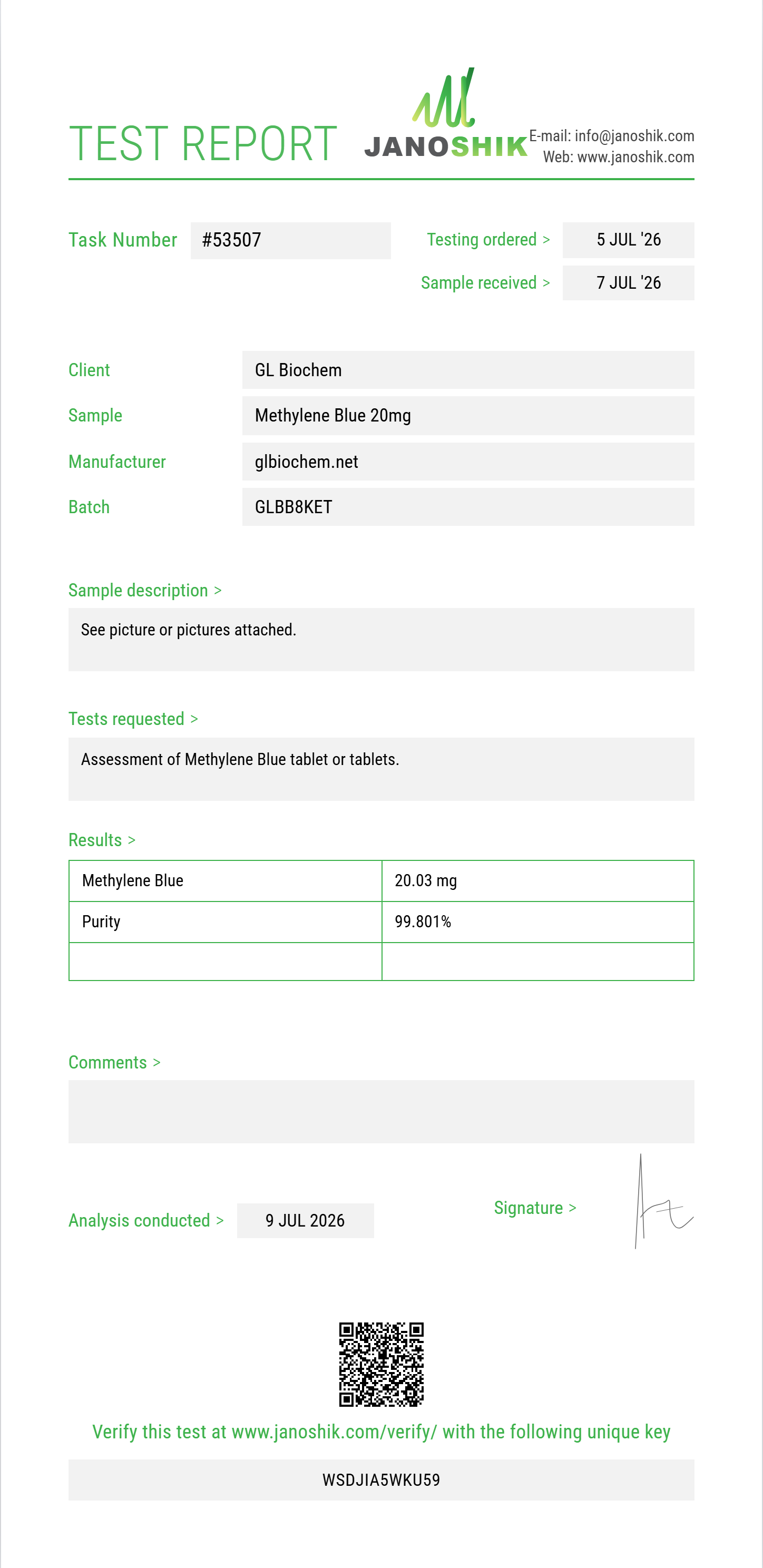 Methylene Blue 20mg*100tabs Purity (HPLC) report by Janoshik Analytical