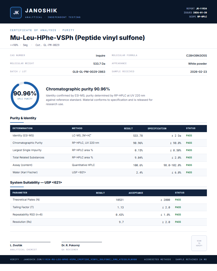 Mu-Leu-HPhe-VSPh (Peptide vinyl sulfone) Purity (HPLC) report by Janoshik Analytical