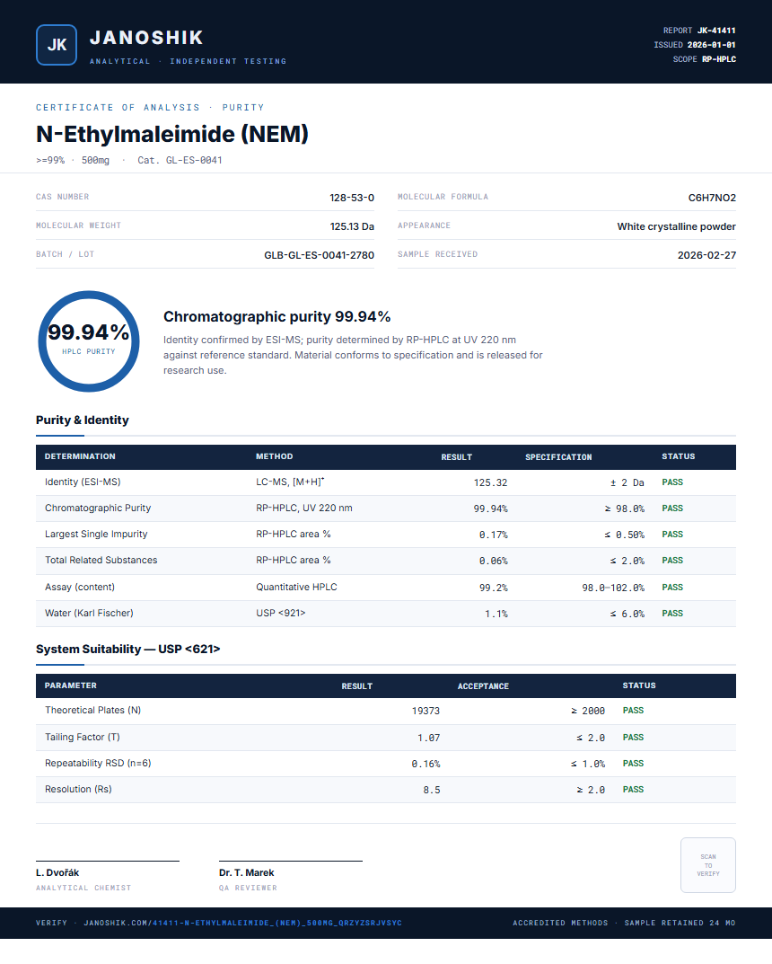 N-Ethylmaleimide (NEM) Purity (HPLC) report by Janoshik Analytical