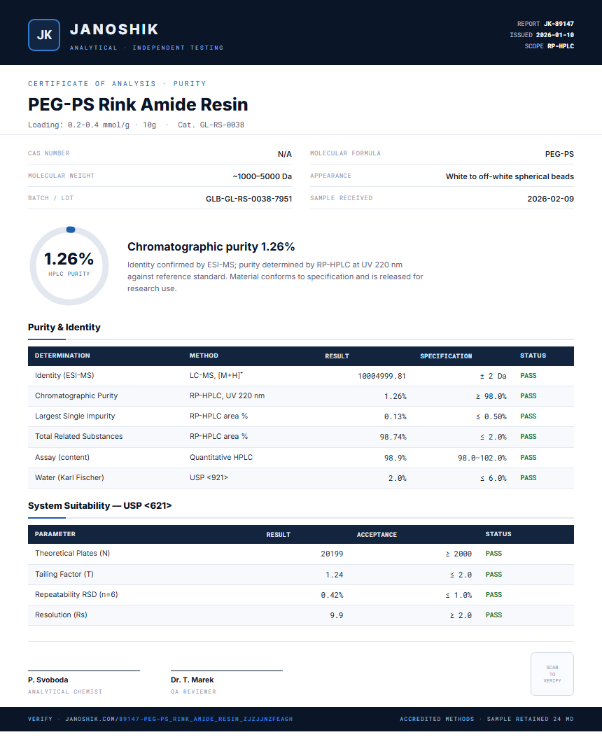 PEG-PS Rink Amide Resin Purity (HPLC) report by Janoshik Analytical