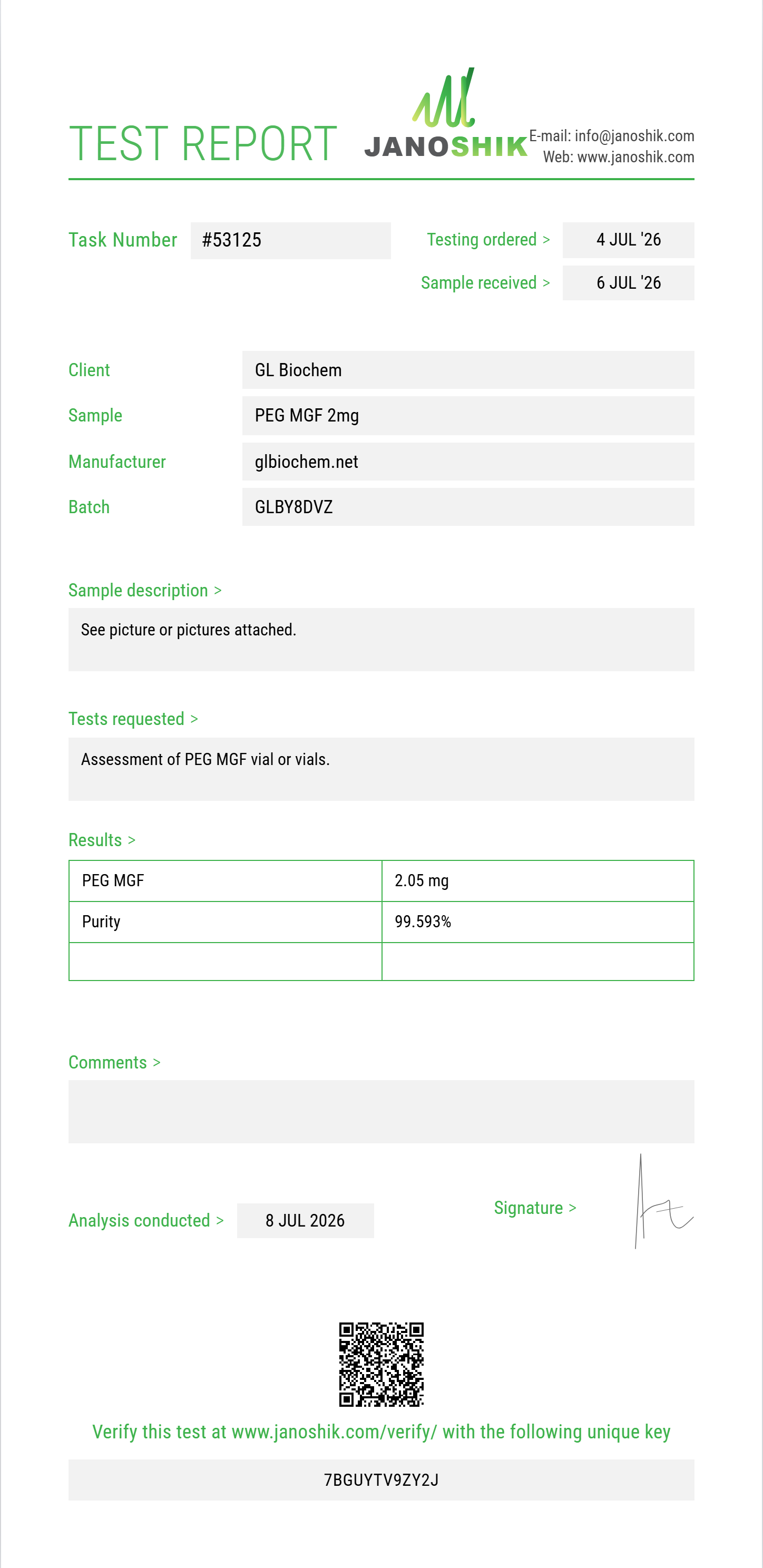 PEG-MGF 2mg x 10 vials Purity (HPLC) report by Janoshik Analytical