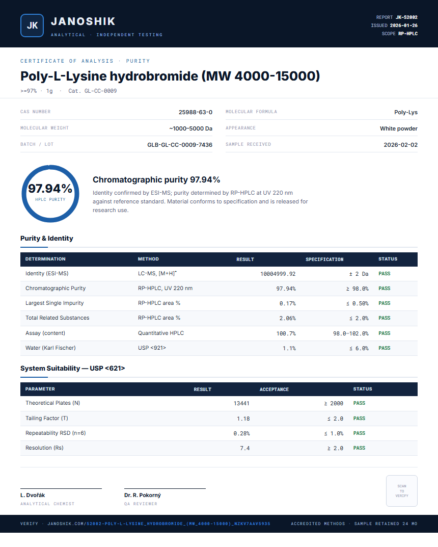 Poly-L-Lysine hydrobromide (MW 4000-15000) Purity (HPLC) report by Janoshik Analytical