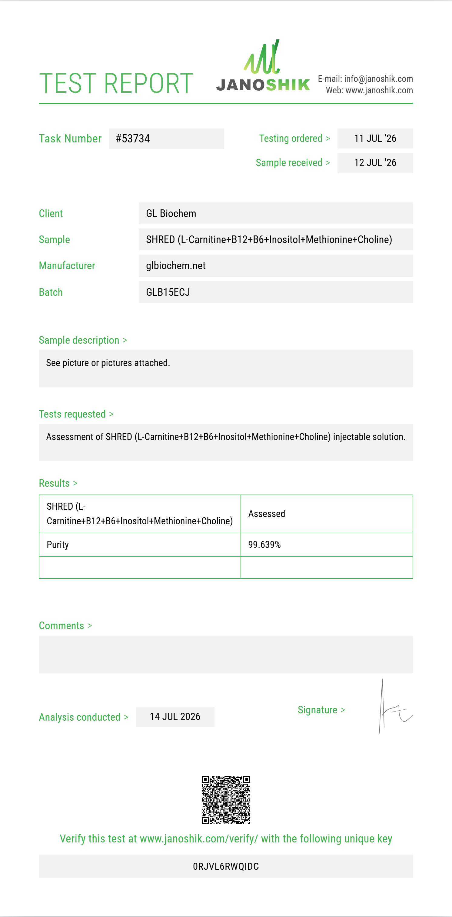 SHRED (L-Carnitine 200mg+B12+B6+Inositol+Methionine+Choline) 10ml vial Purity (HPLC) report by Janoshik Analytical