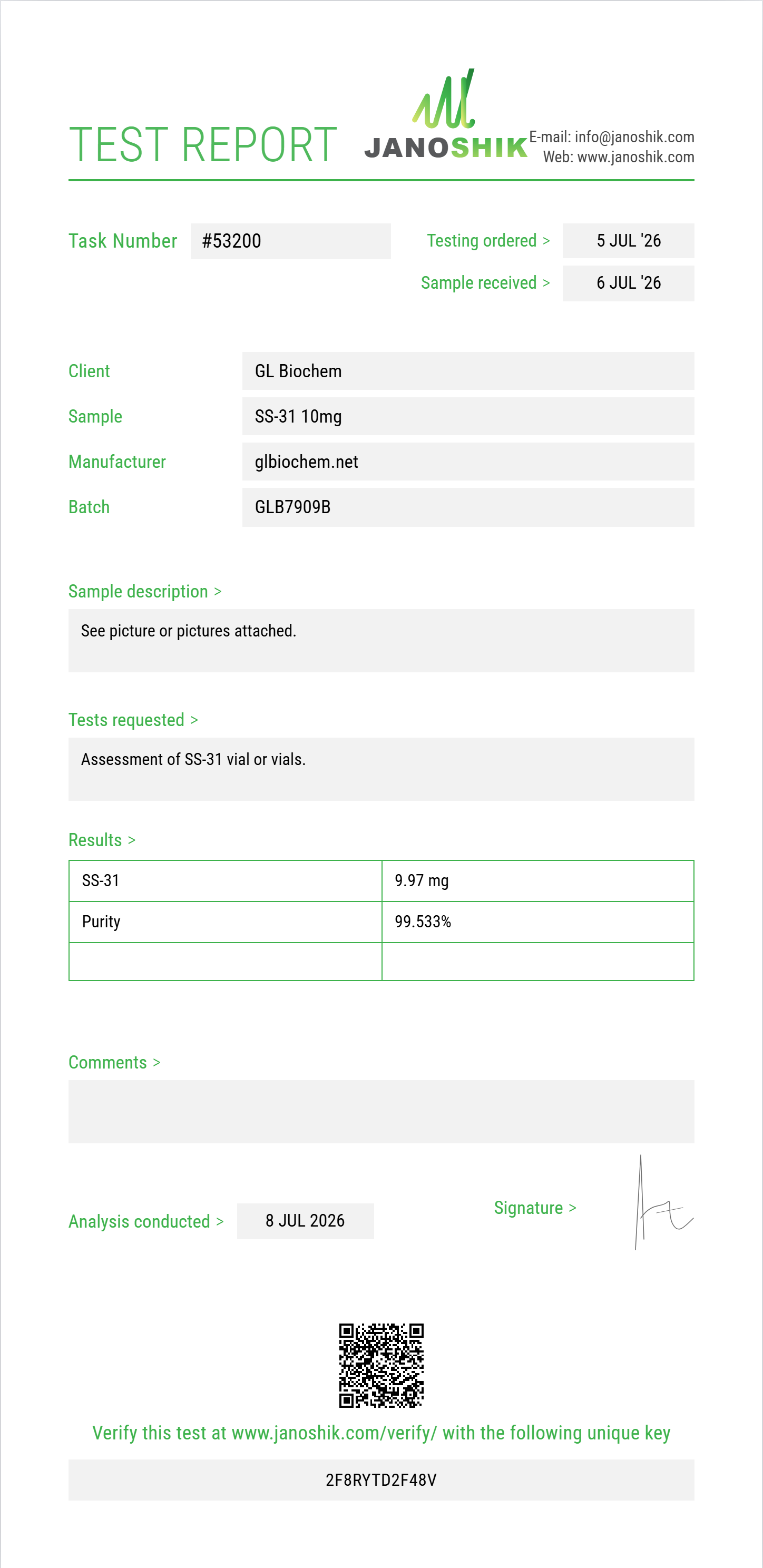 SS-31 (Elamipretide) 10mg x 10 vials Purity (HPLC) report by Janoshik Analytical