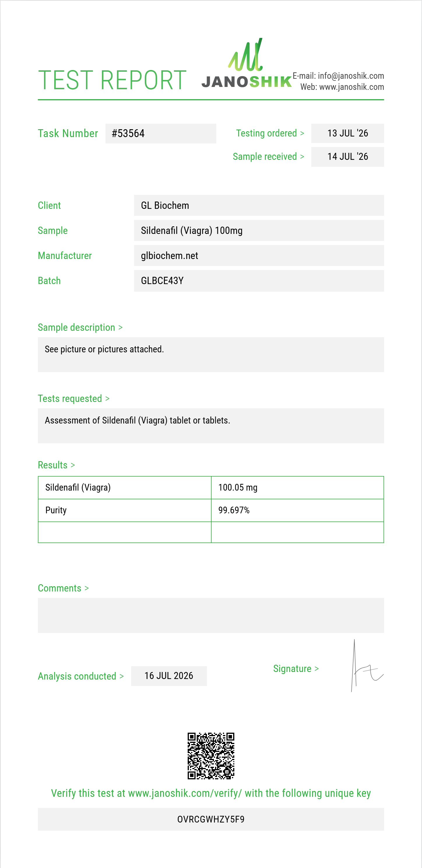 Sildenafil (Viagra) 100mg*100tabs Purity (HPLC) report by Janoshik Analytical