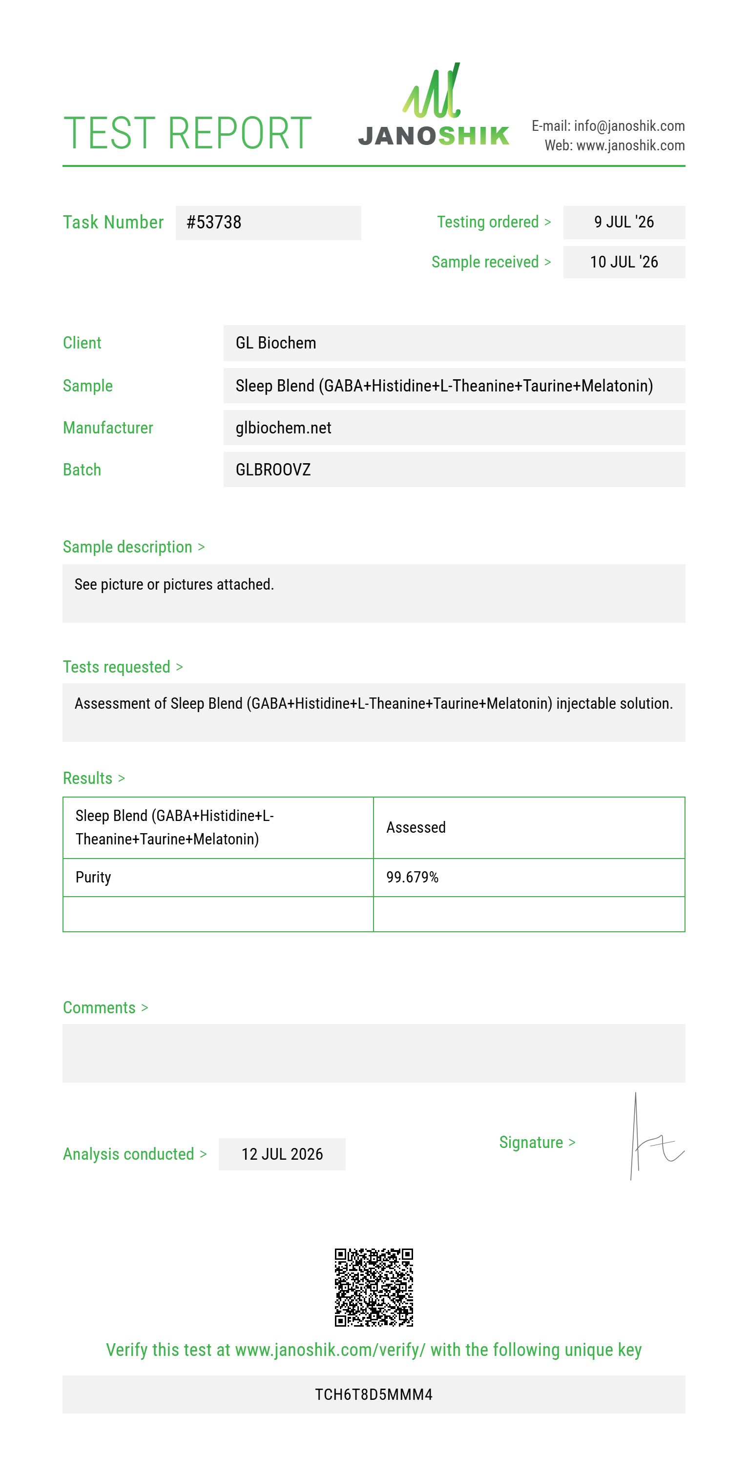Sleep Blend (GABA 100mg+Histidine 100mg+L-Theanine 50mg+Taurine 100mg+Melatonin 2mg) 10ml vial Purity (HPLC) report by Janoshik Analytical