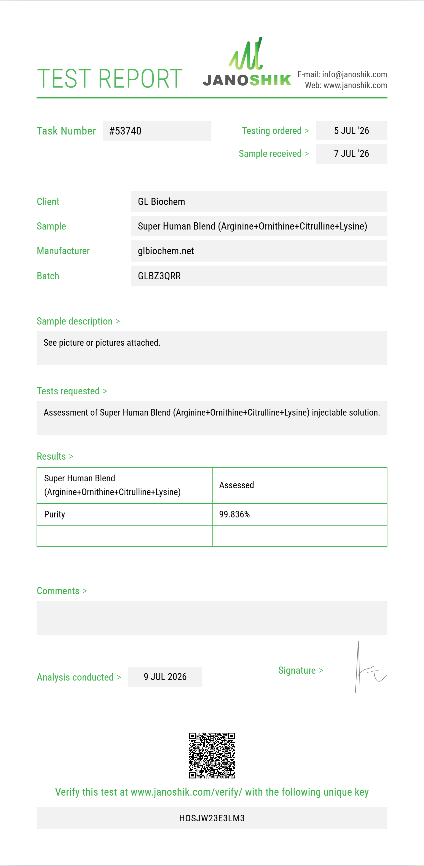 Super Human Blend (Arginine+Ornithine+Citrulline+Lysine+Glutamine+Proline+Taurine+Carnitine+NAC) 10ml vial Purity (HPLC) report by Janoshik Analytical