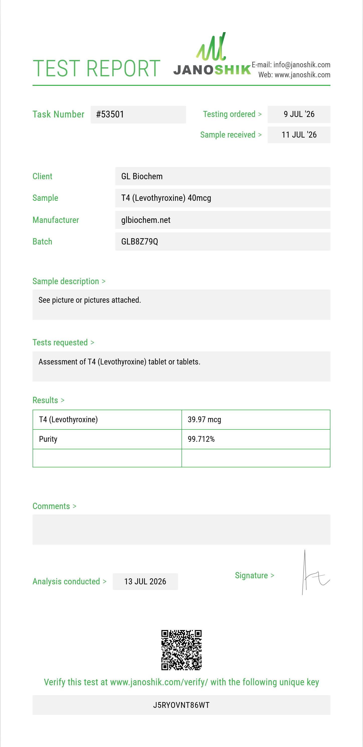T4 (Levothyroxine) 40mcg*100tabs Purity (HPLC) report by Janoshik Analytical