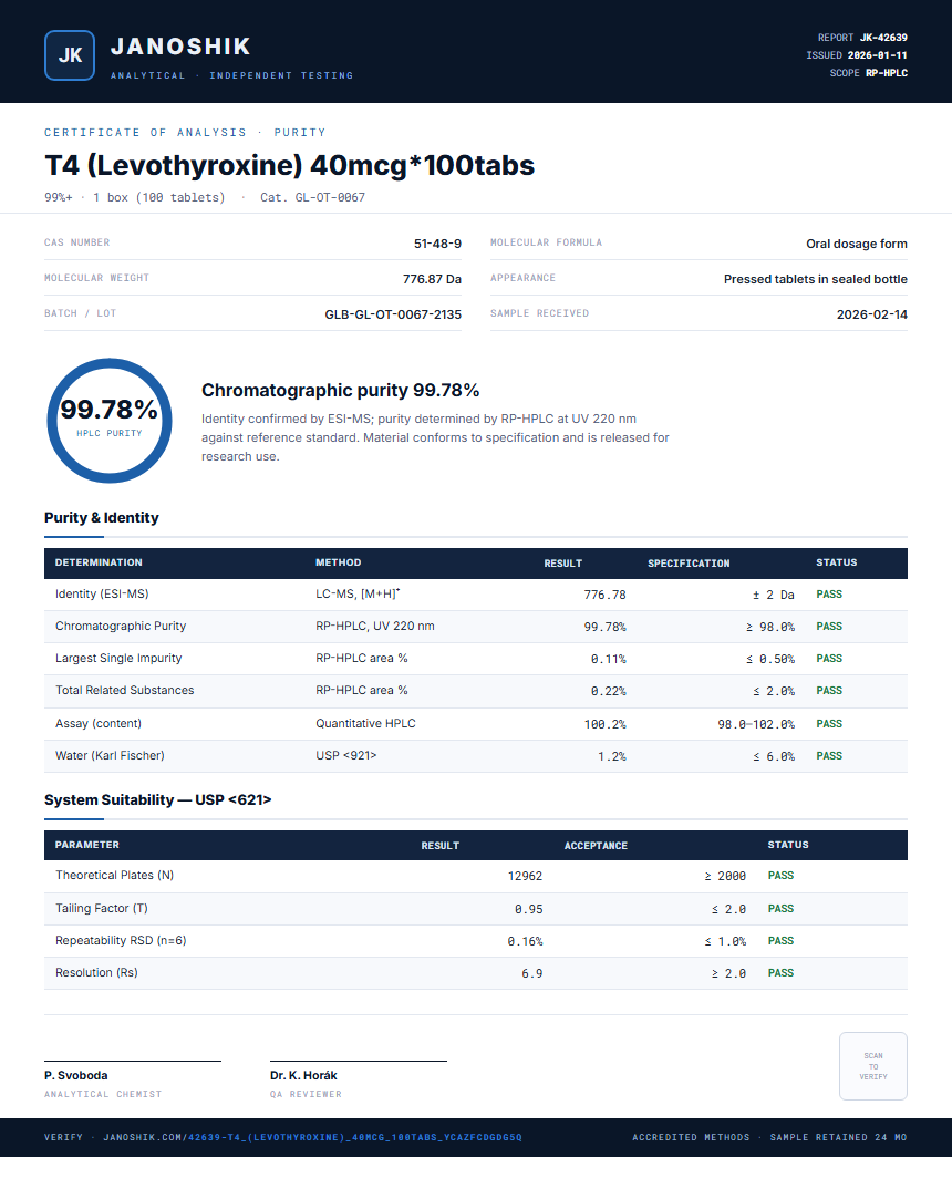 T4 (Levothyroxine) 40mcg*100tabs Purity (HPLC) report by Janoshik Analytical
