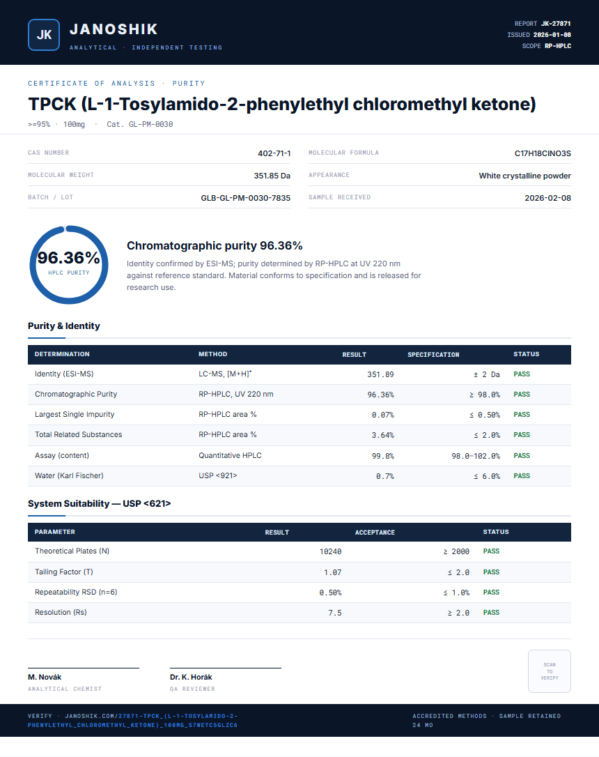 TPCK (L-1-Tosylamido-2-phenylethyl chloromethyl ketone) Purity (HPLC) report by Janoshik Analytical
