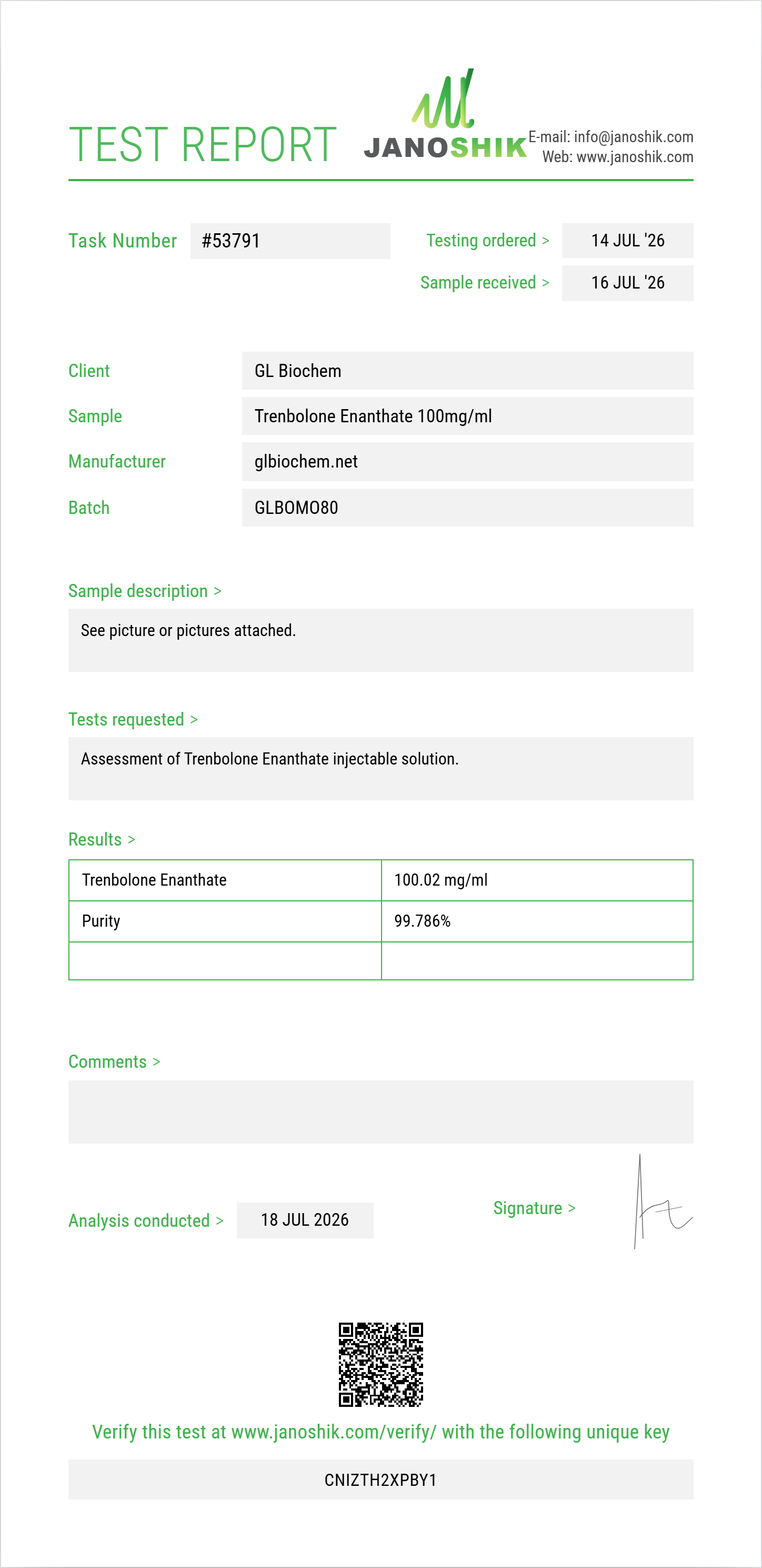 Trenbolone Enanthate 100mg/ml*10ml Purity (HPLC) report by Janoshik Analytical
