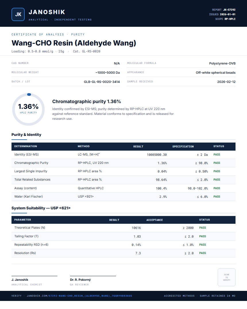 Wang-CHO Resin (Aldehyde Wang) Purity (HPLC) report by Janoshik Analytical
