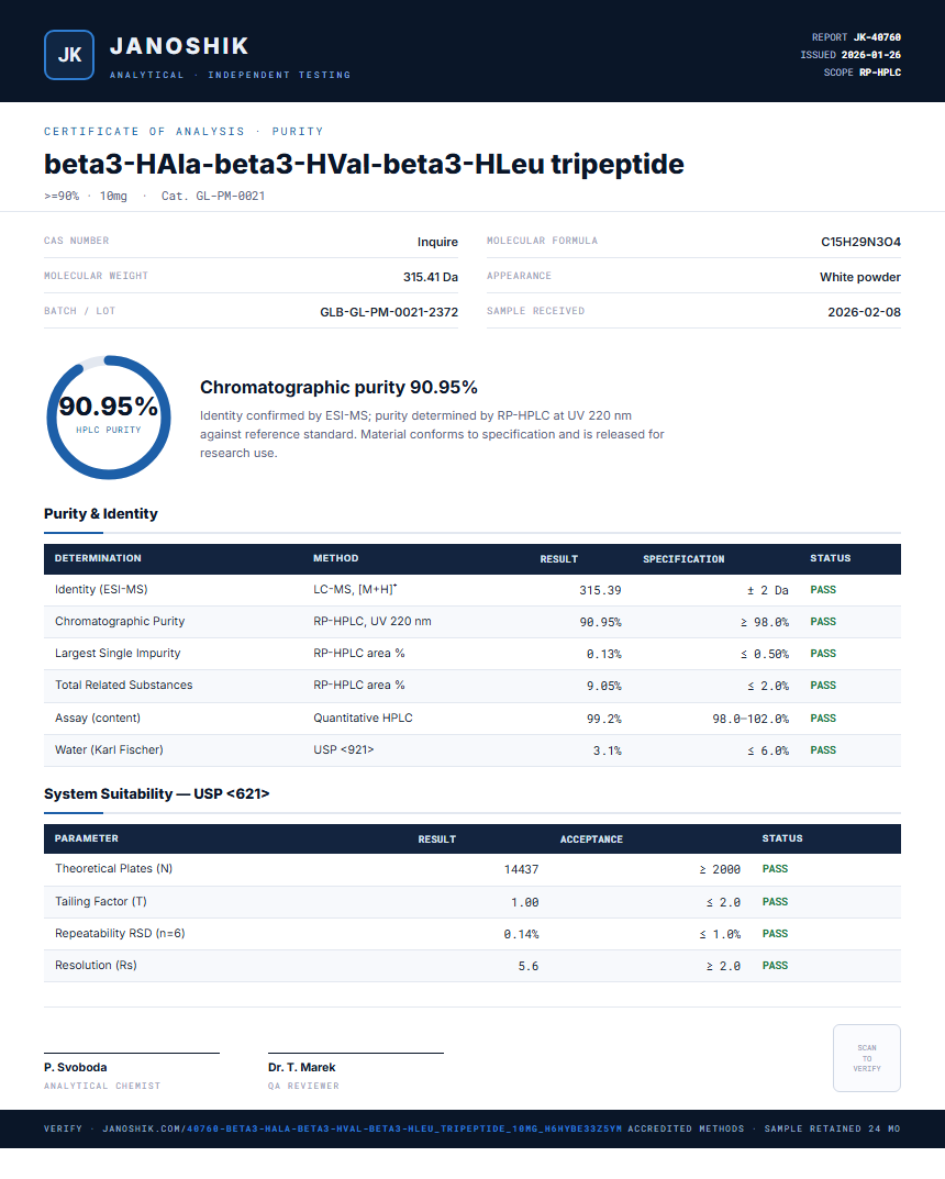 beta3-HAla-beta3-HVal-beta3-HLeu tripeptide Purity (HPLC) report by Janoshik Analytical