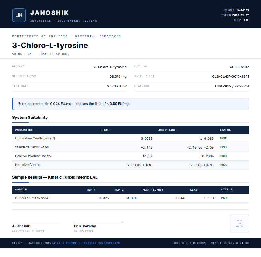 3-Chloro-L-tyrosine Endotoxin report by Janoshik Analytical
