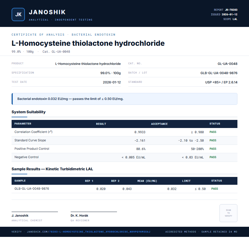 L-Homocysteine thiolactone hydrochloride Endotoxin report by Janoshik Analytical
