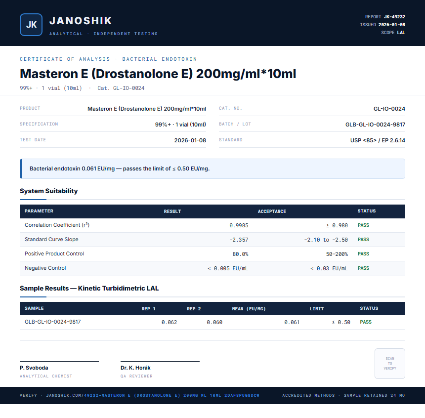 Masteron E (Drostanolone E) 200mg/ml*10ml Endotoxin report by Janoshik Analytical