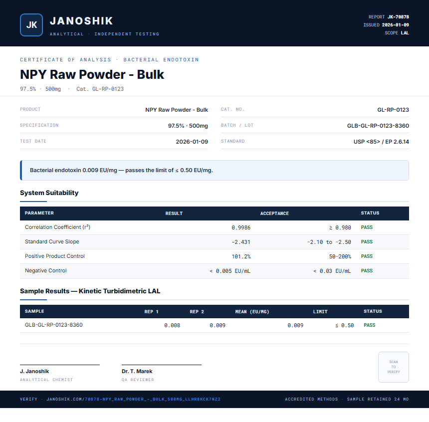 NPY Raw Powder - Bulk Endotoxin report by Janoshik Analytical