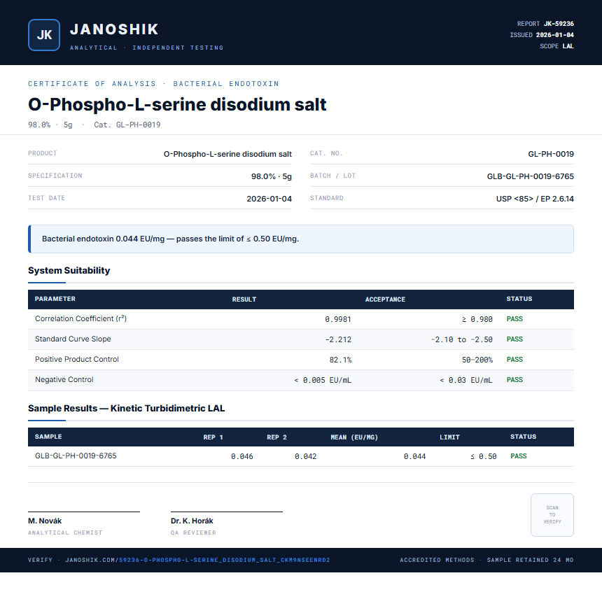 O-Phospho-L-serine disodium salt Endotoxin report by Janoshik Analytical