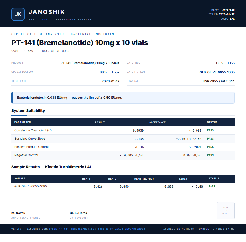 PT-141 (Bremelanotide) 10mg x 10 vials Endotoxin report by Janoshik Analytical