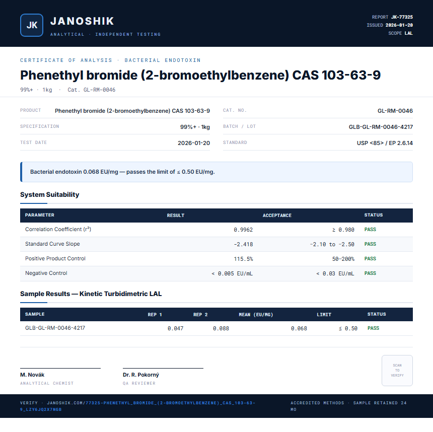 Phenethyl bromide (2-bromoethylbenzene) CAS 103-63-9 Endotoxin report by Janoshik Analytical