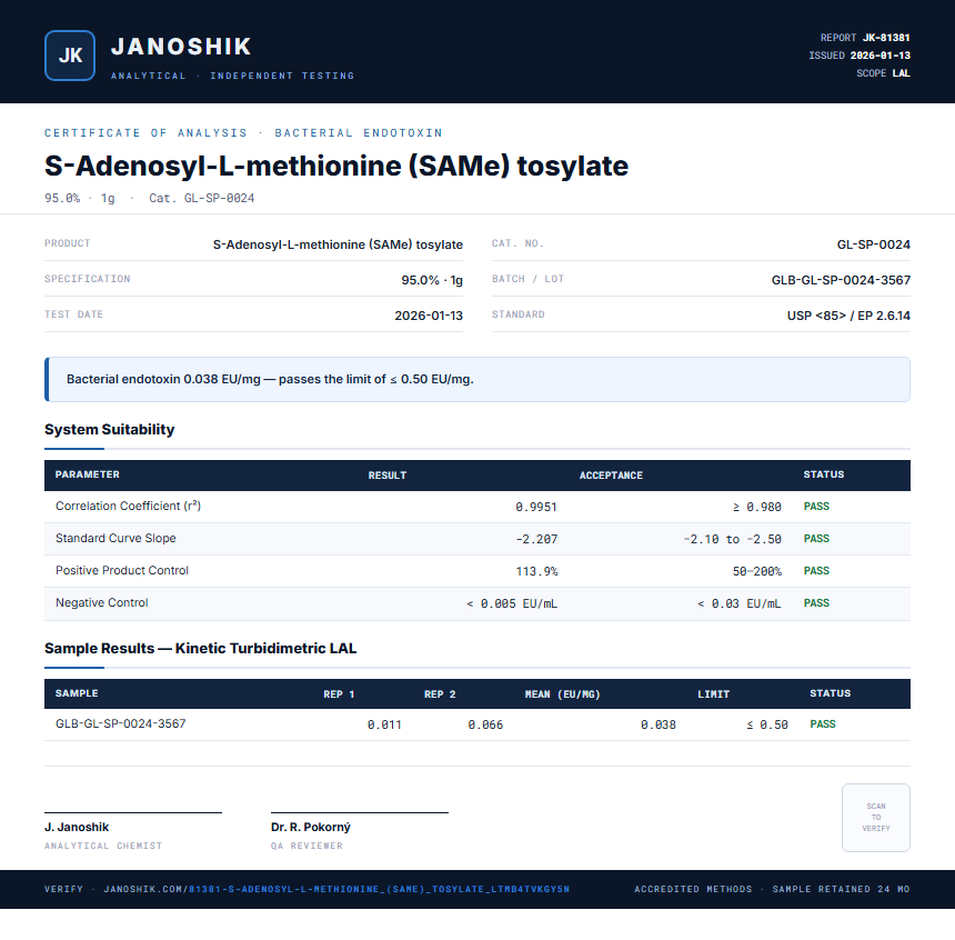 S-Adenosyl-L-methionine (SAMe) tosylate Endotoxin report by Janoshik Analytical
