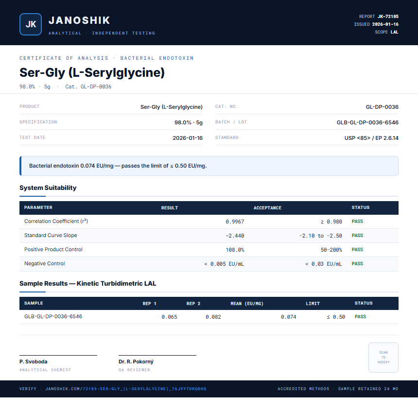 Ser-Gly (L-Serylglycine) Endotoxin report by Janoshik Analytical