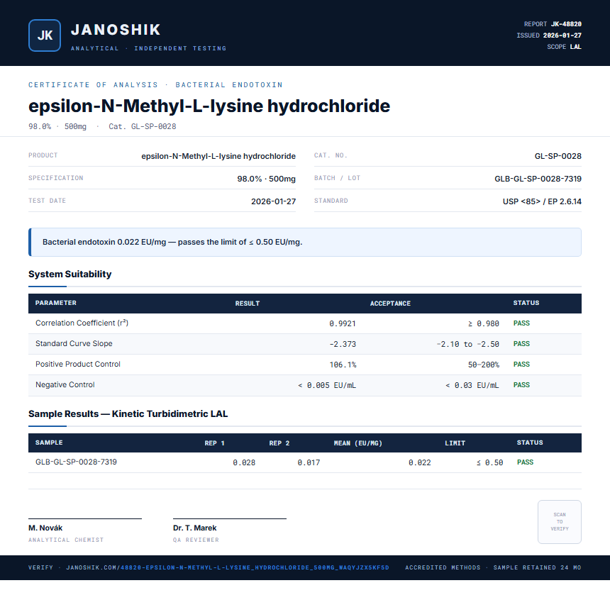 epsilon-N-Methyl-L-lysine hydrochloride Endotoxin report by Janoshik Analytical