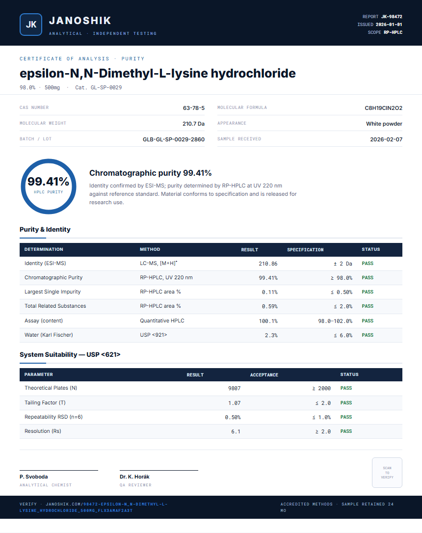 epsilon-N,N-Dimethyl-L-lysine hydrochloride Purity (HPLC) report by Janoshik Analytical