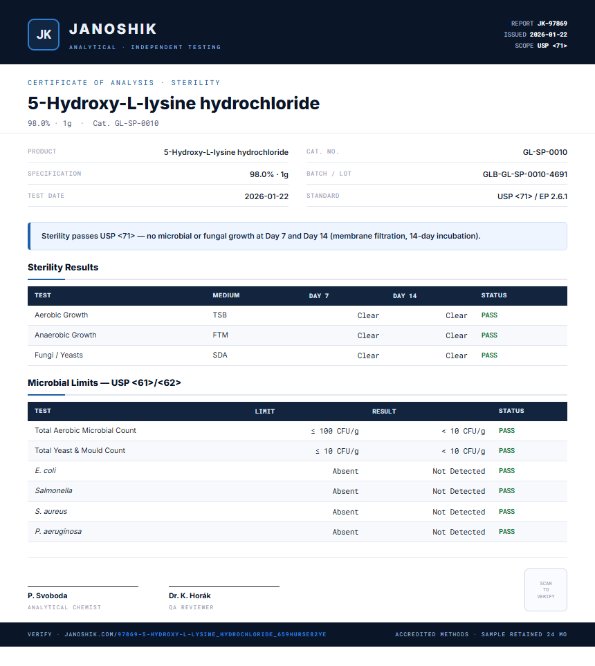 5-Hydroxy-L-lysine hydrochloride Sterility report by Janoshik Analytical