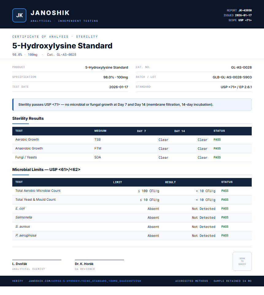 5-Hydroxylysine Standard Sterility report by Janoshik Analytical
