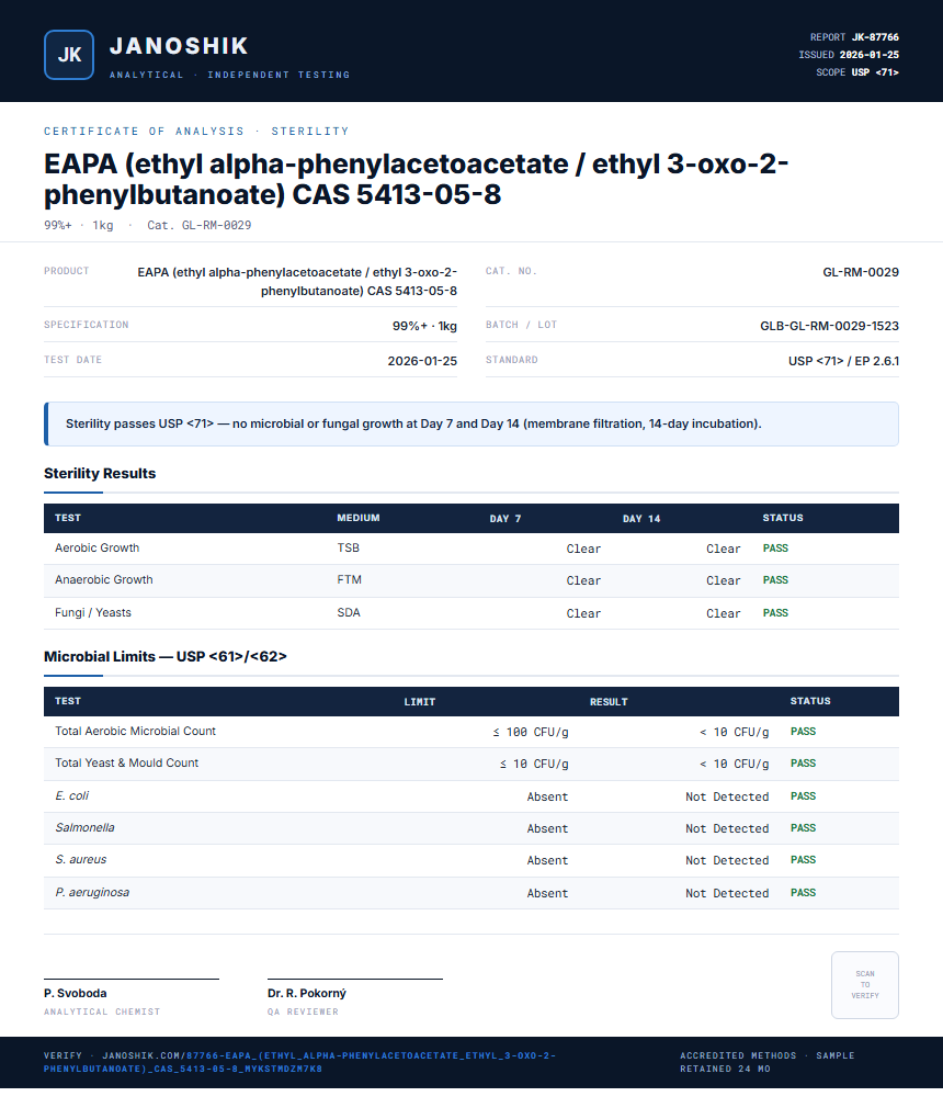 EAPA (ethyl alpha-phenylacetoacetate / ethyl 3-oxo-2-phenylbutanoate) CAS 5413-05-8 Sterility report by Janoshik Analytical