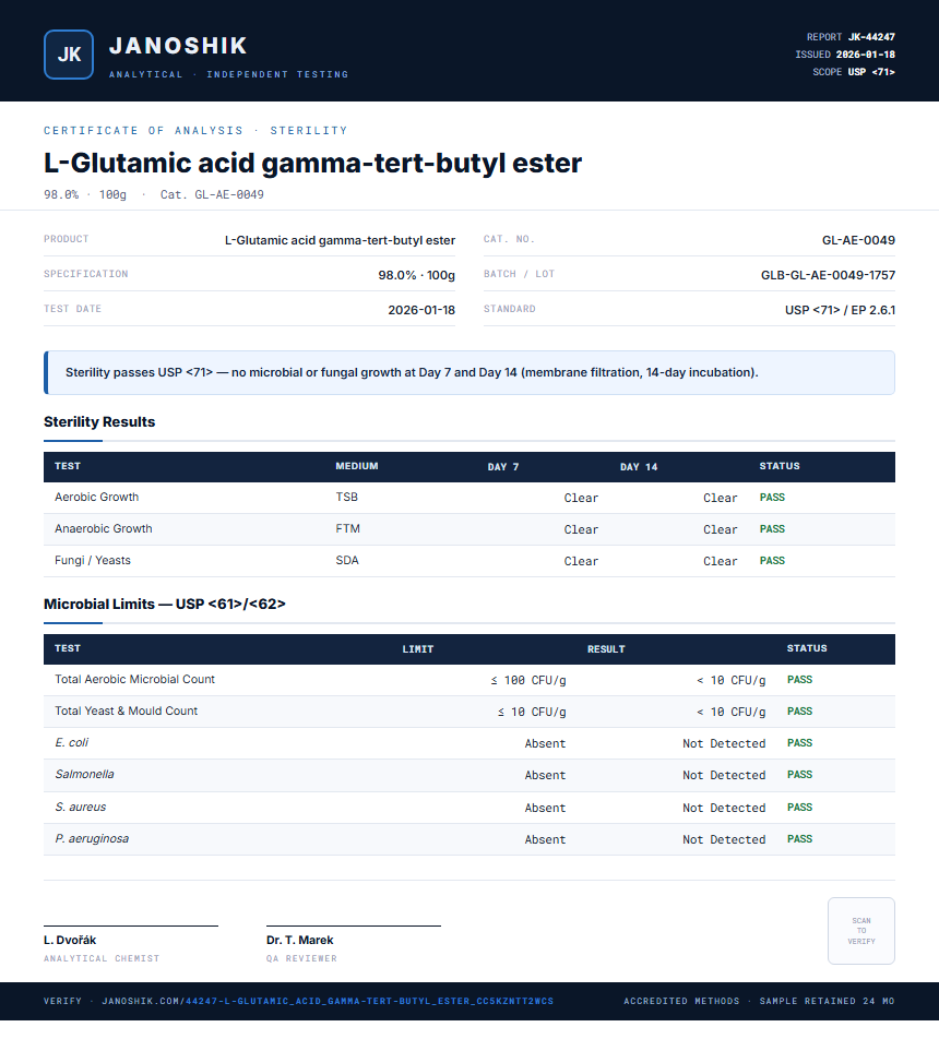 L-Glutamic acid gamma-tert-butyl ester Sterility report by Janoshik Analytical