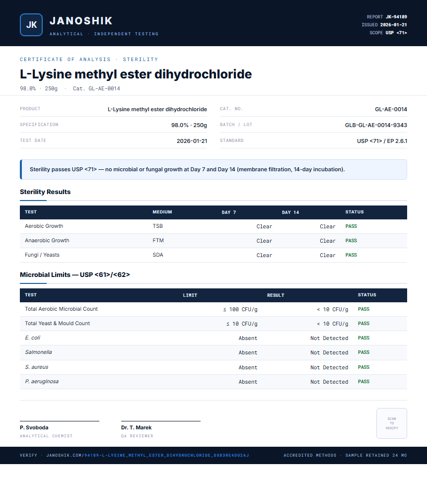 L-Lysine methyl ester dihydrochloride Sterility report by Janoshik Analytical