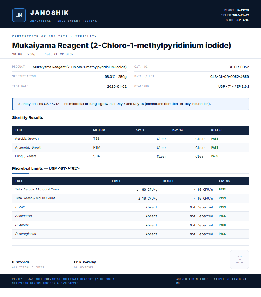 Mukaiyama Reagent (2-Chloro-1-methylpyridinium iodide) Sterility report by Janoshik Analytical