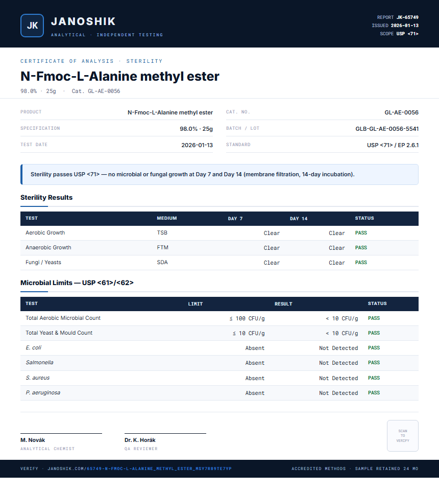 N-Fmoc-L-Alanine methyl ester Sterility report by Janoshik Analytical