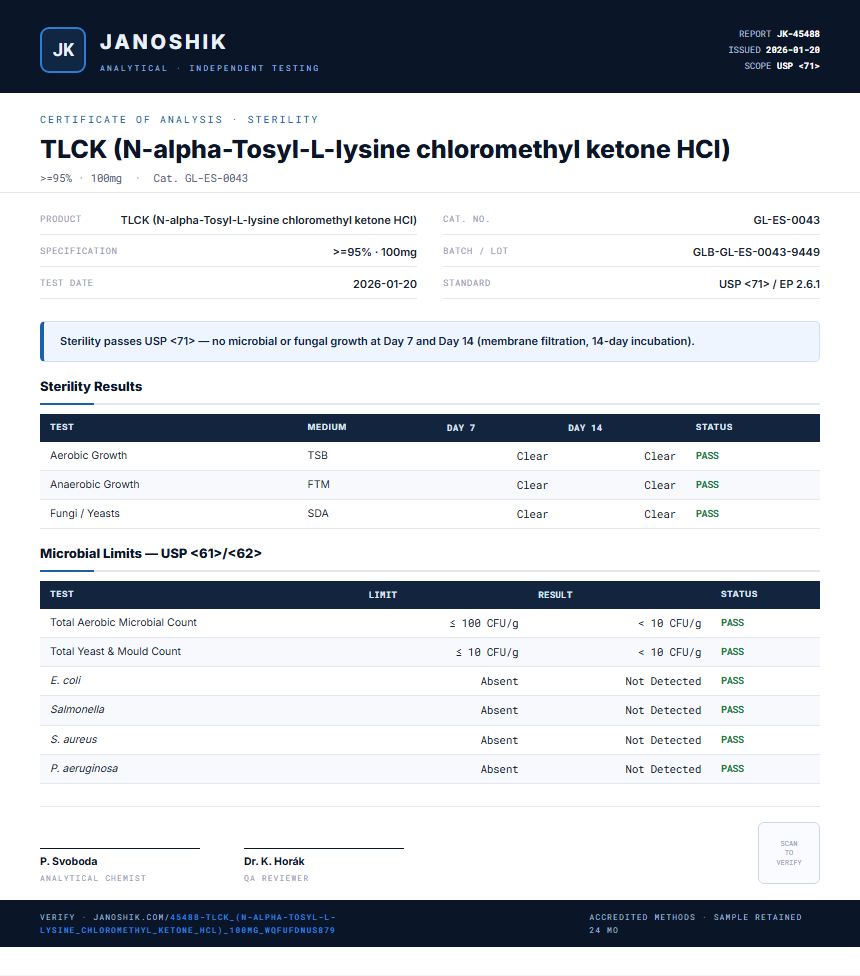 TLCK (N-alpha-Tosyl-L-lysine chloromethyl ketone HCl) Sterility report by Janoshik Analytical