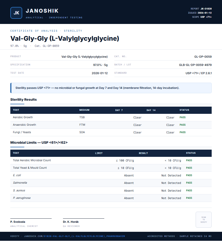 Val-Gly-Gly (L-Valylglycylglycine) Sterility report by Janoshik Analytical