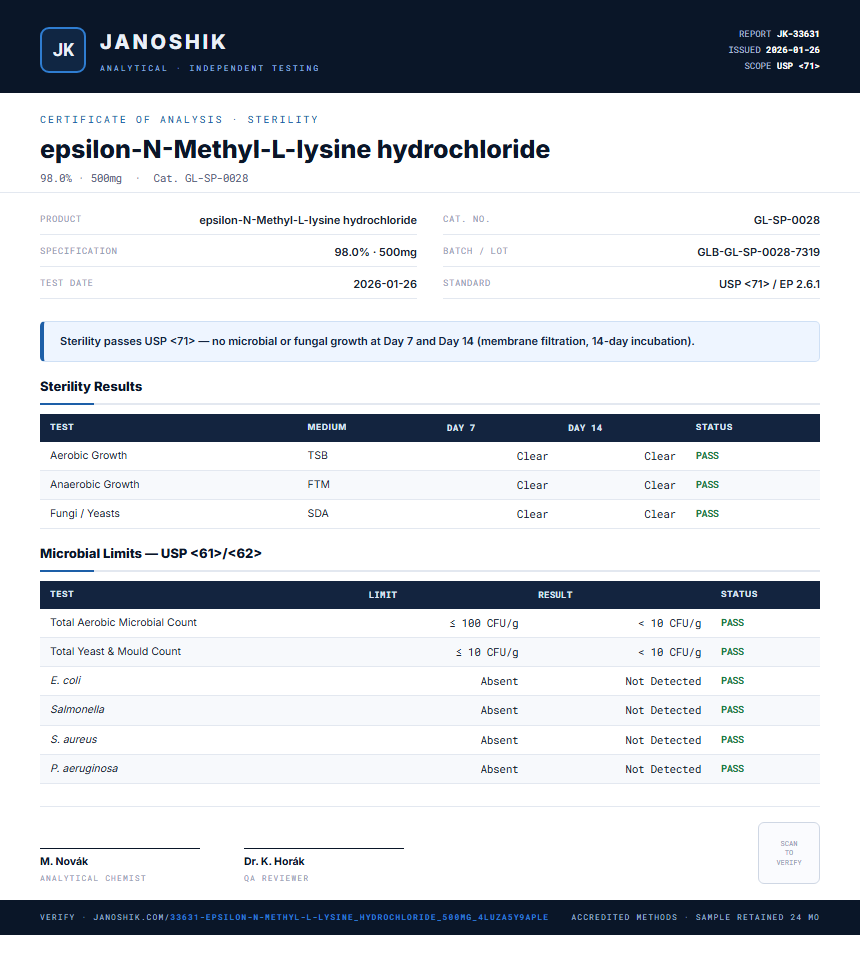 epsilon-N-Methyl-L-lysine hydrochloride Sterility report by Janoshik Analytical
