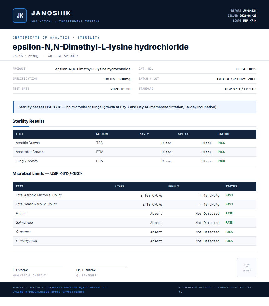 epsilon-N,N-Dimethyl-L-lysine hydrochloride Sterility report by Janoshik Analytical