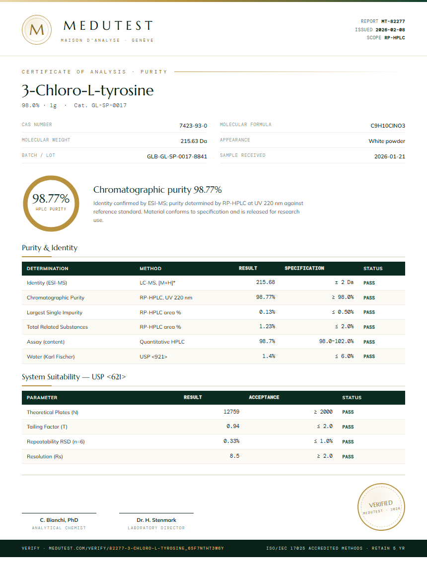 3-Chloro-L-tyrosine Purity (HPLC) report by Medutest